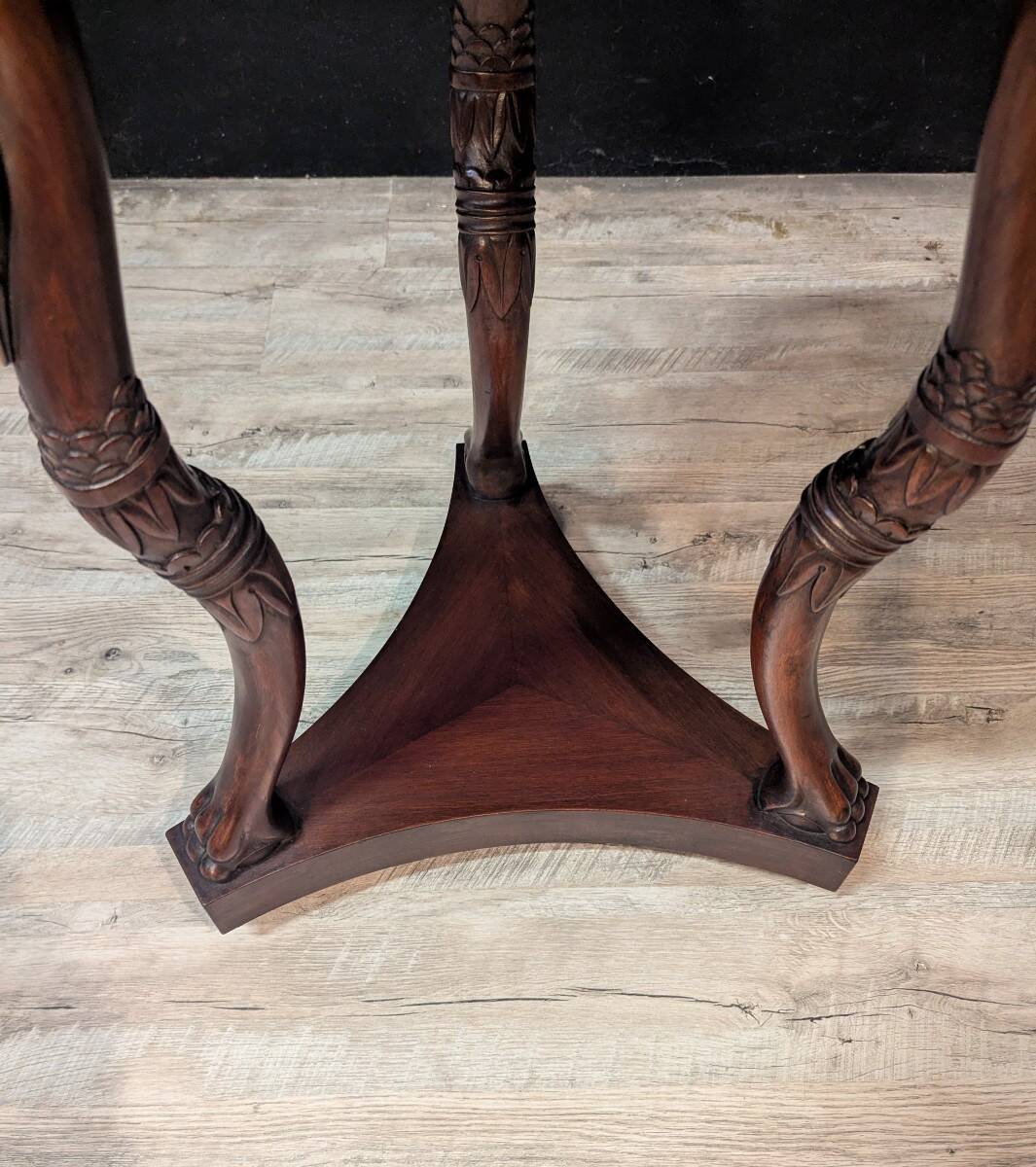 Empire style mahogany tripod pedestal table with swan neck legs