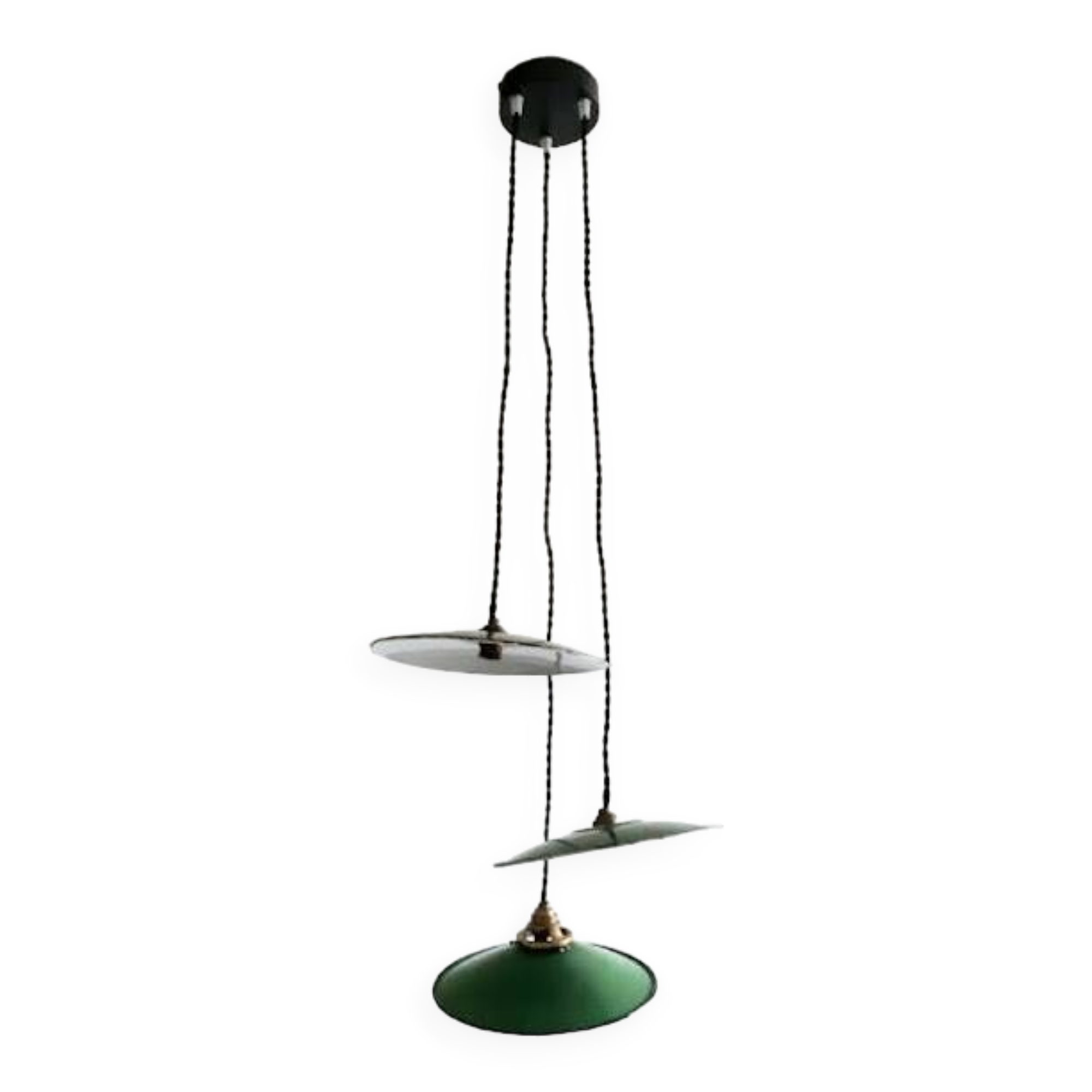 Trio pendant lights in enamelled industrial sheet metal