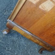 Neo-baroque brown wooden dressing table with marquetry and curved legs (1940, Hungary)