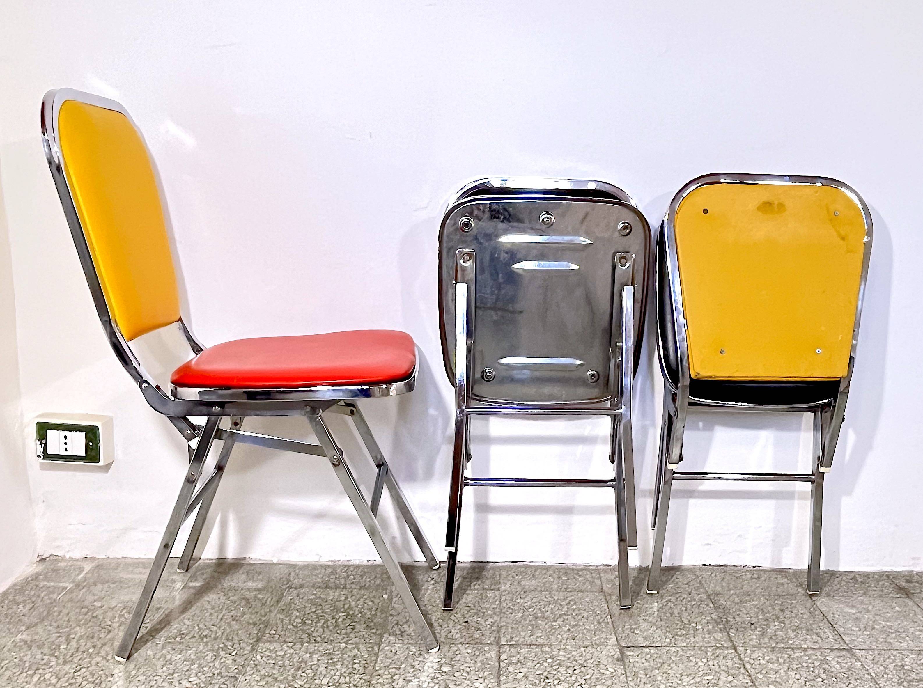 3 chrome & faux leather folding chairs, Elio Zema, Italy 1980s