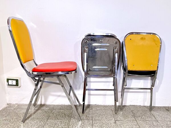 3 chaises pliantes chrome & faux cuir , Elio Zema, Italie 1980's