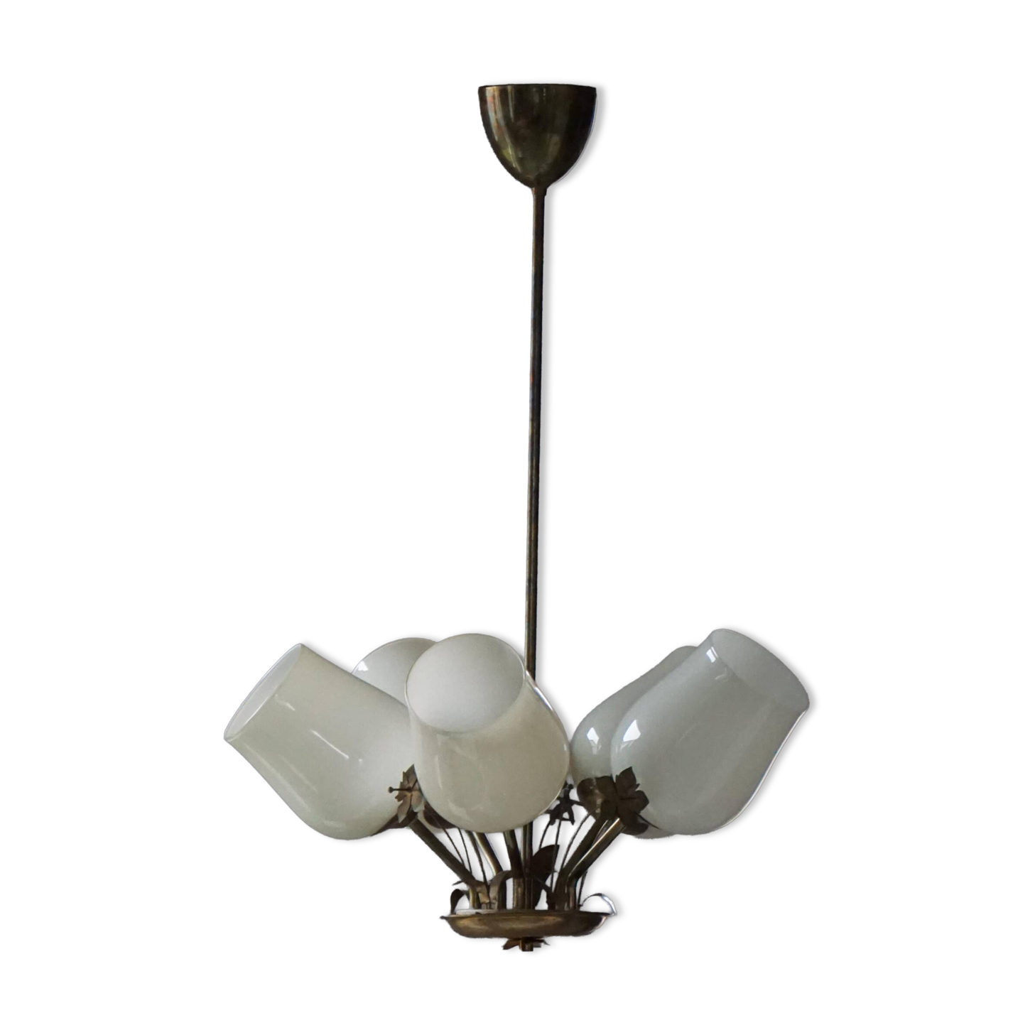 Five-branch brass and glass chandelier by Paavo Tynell for Idman OY Finland, 1940s.