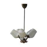 Five-branch brass and glass chandelier by Paavo Tynell for Idman OY Finland, 1940s.