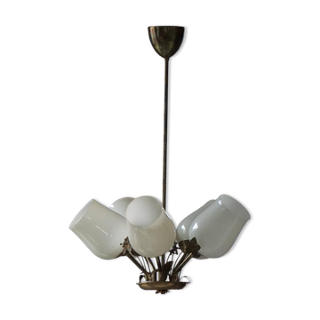Lustre à 5 branches en laiton et verre par Paavo Tynell pour Idman OY Finlande, années 1940