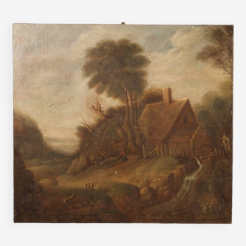 Peinture de paysage campagnard flamand du 19ème siècle