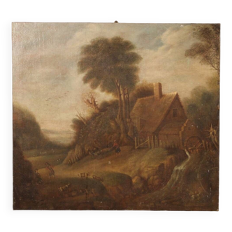 Peinture de paysage campagnard flamand du 19ème siècle