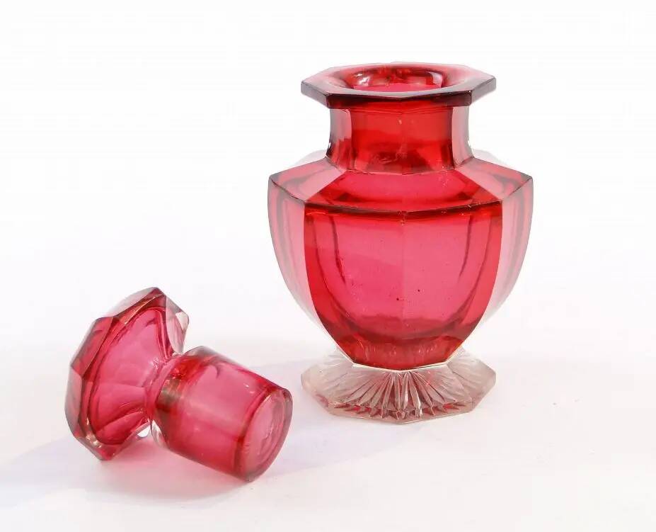 Biedermeier tea caddy, red crystal glass, Poland, 19th century
