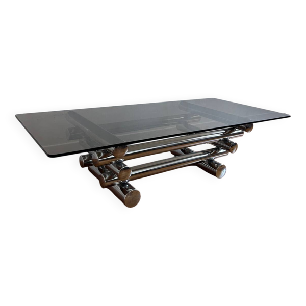 Grande table basse Paul Mayen en métal chromé et verre fumé