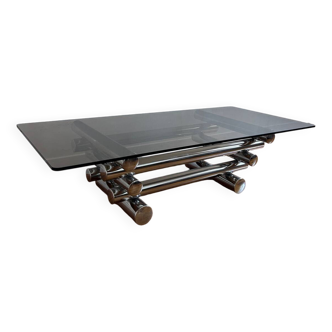 Large Paul Mayen coffee table in chromed metal and smoked glass