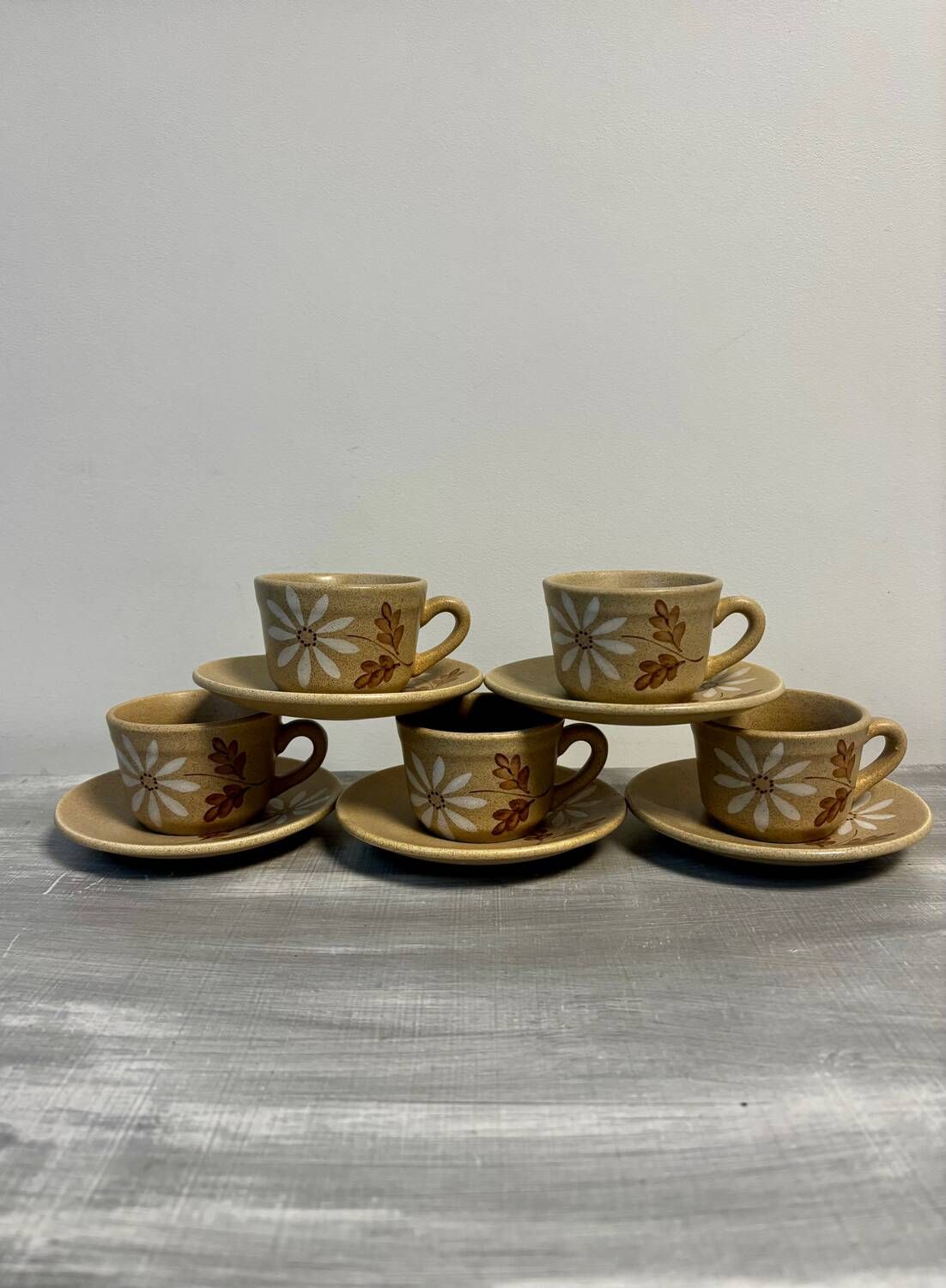 Set of 5 St Amand Autumn porcelain cups and saucers.
