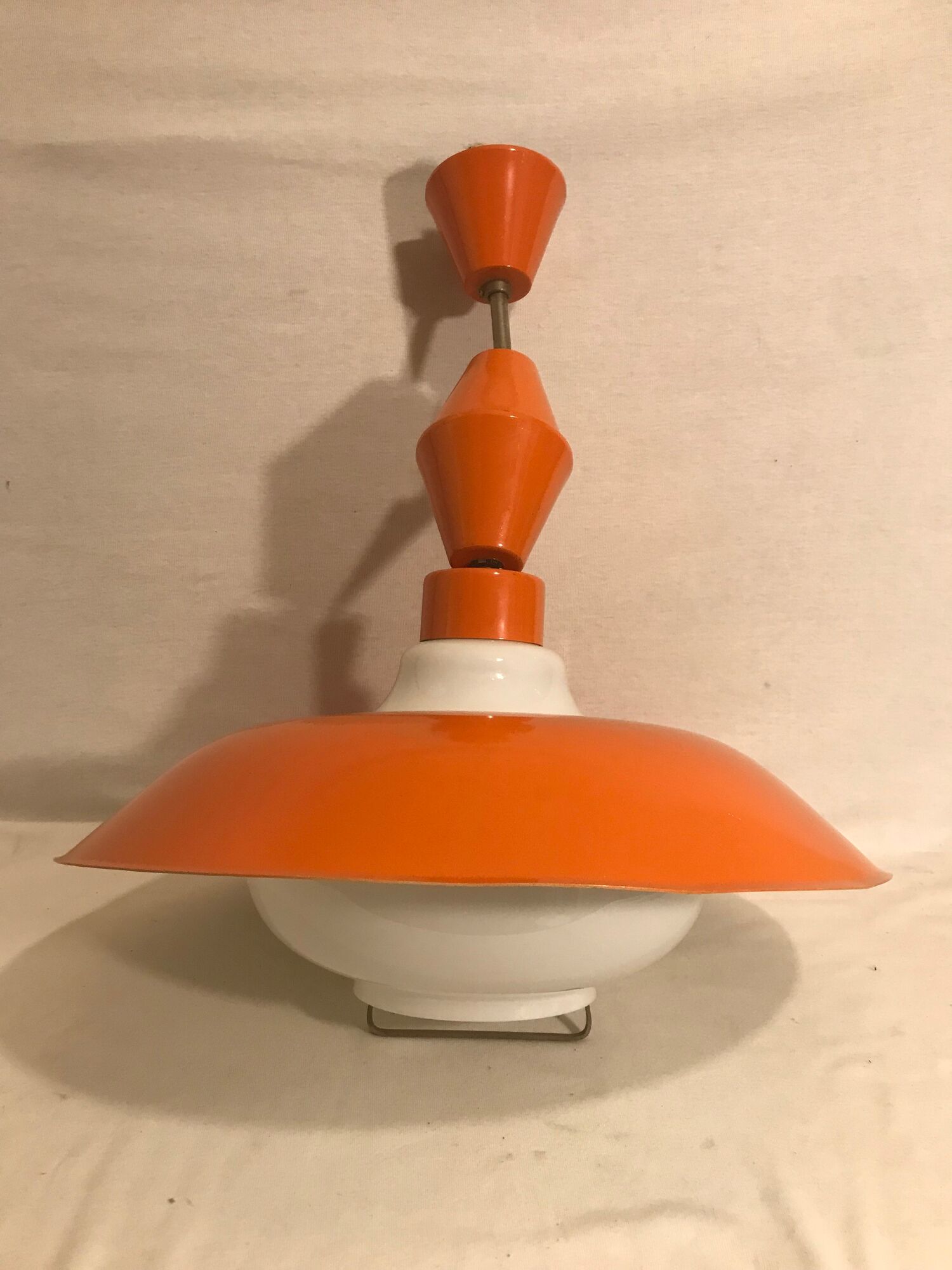 Hanging lamp old glass opal white, support & globe metal orange 70s vintage