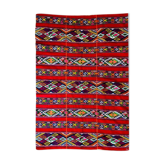 Rare antique Romanian rug, about 80-100 years old, handwoven in wool, red with colourful geometric a