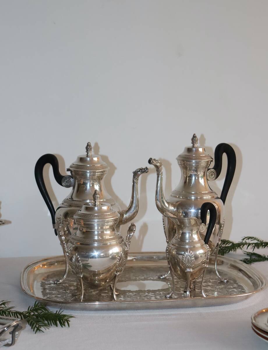 Silver-plated metal tea and coffee service in Empire style.