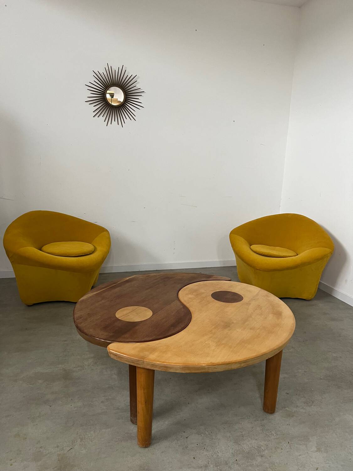 Solid wood coffee table with 2 Yin and Yang elements vintage 60s