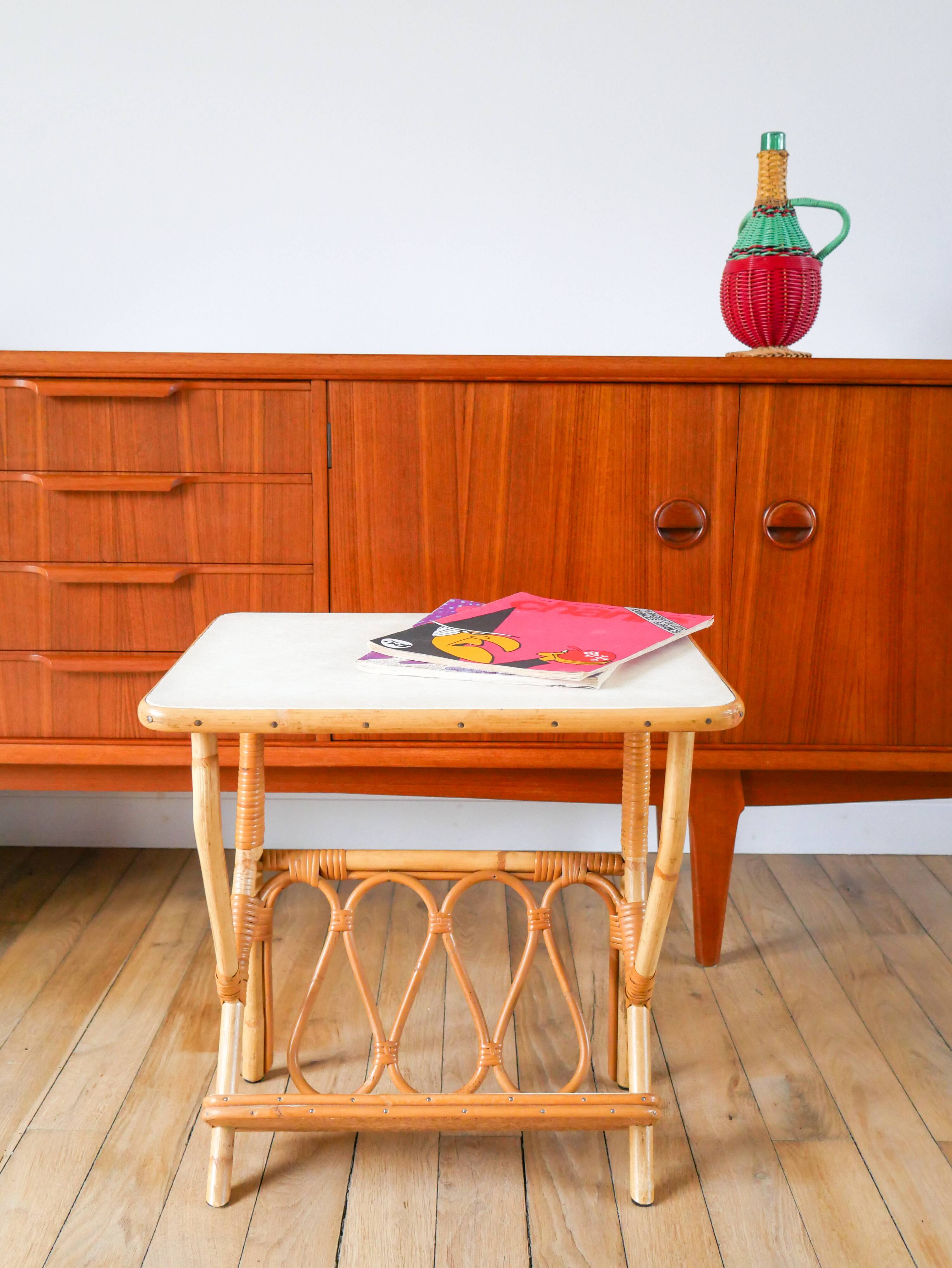 1960s rattan and bamboo side table with magazine rack