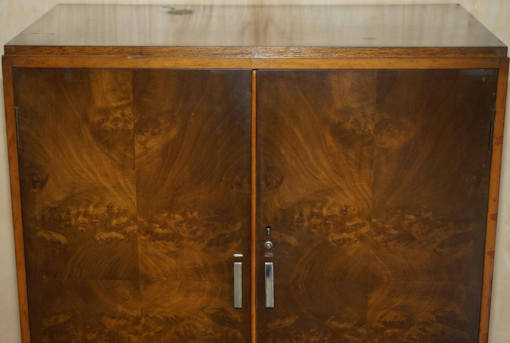 Art Deco governess wardrobe in burr walnut by Waring & Gillow