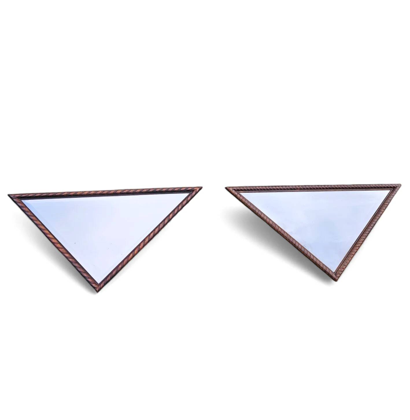 2 x miroirs triangulaires en bois de chêne / bords coupés à facettes