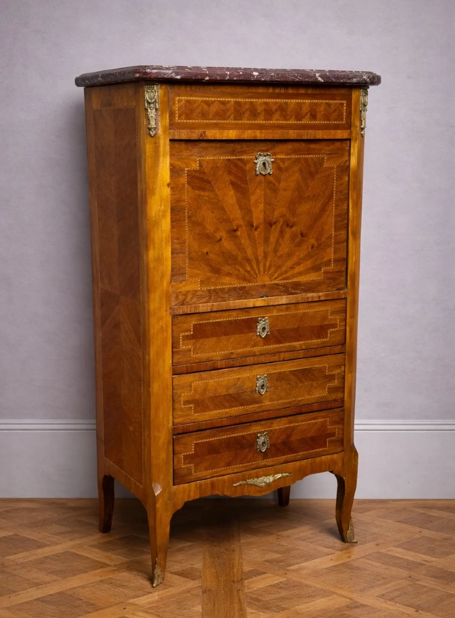 Antique marquetry secretary in Louis XV style – marble top