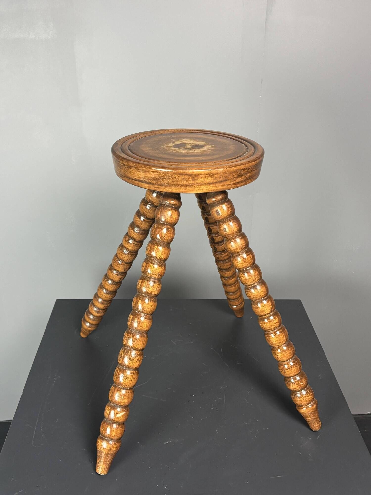 Midcentury bobbin wood turned farm house stool, France ca 1960s