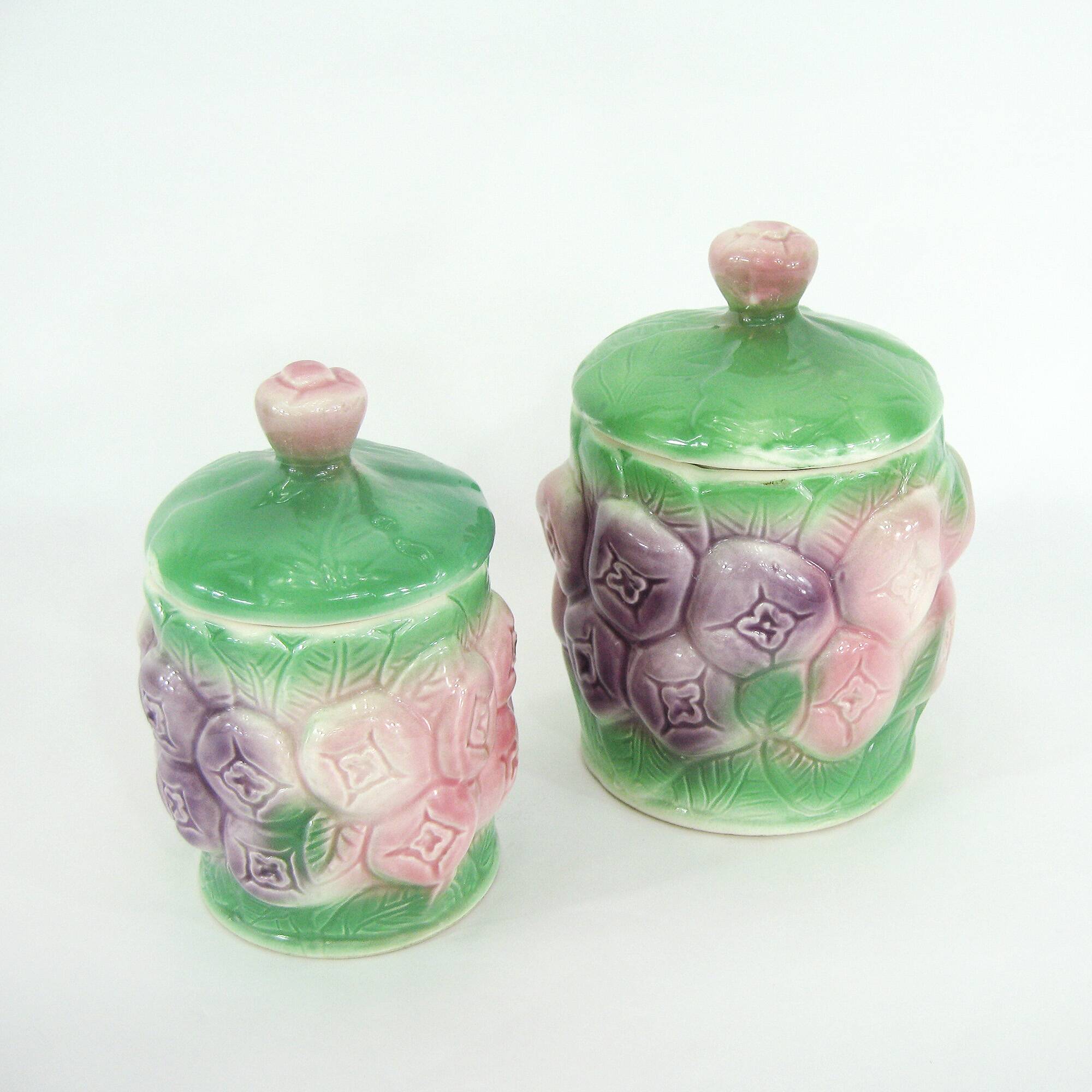 2 ceramic slip pots - pastel floral decor - vintage 80s