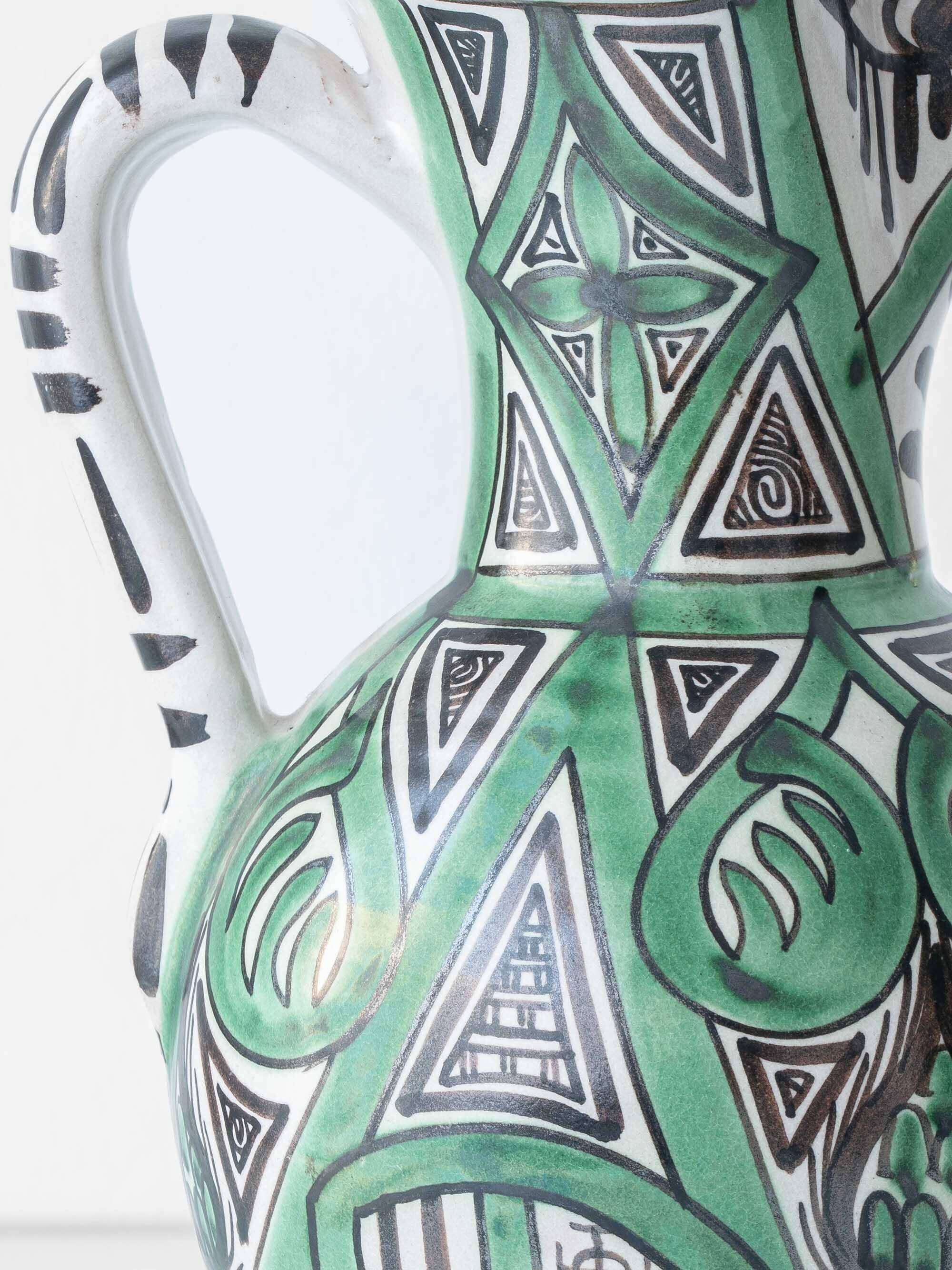 Spanish ceramic pitcher from the mid-century Mudéjar style in green and black, Punter.
