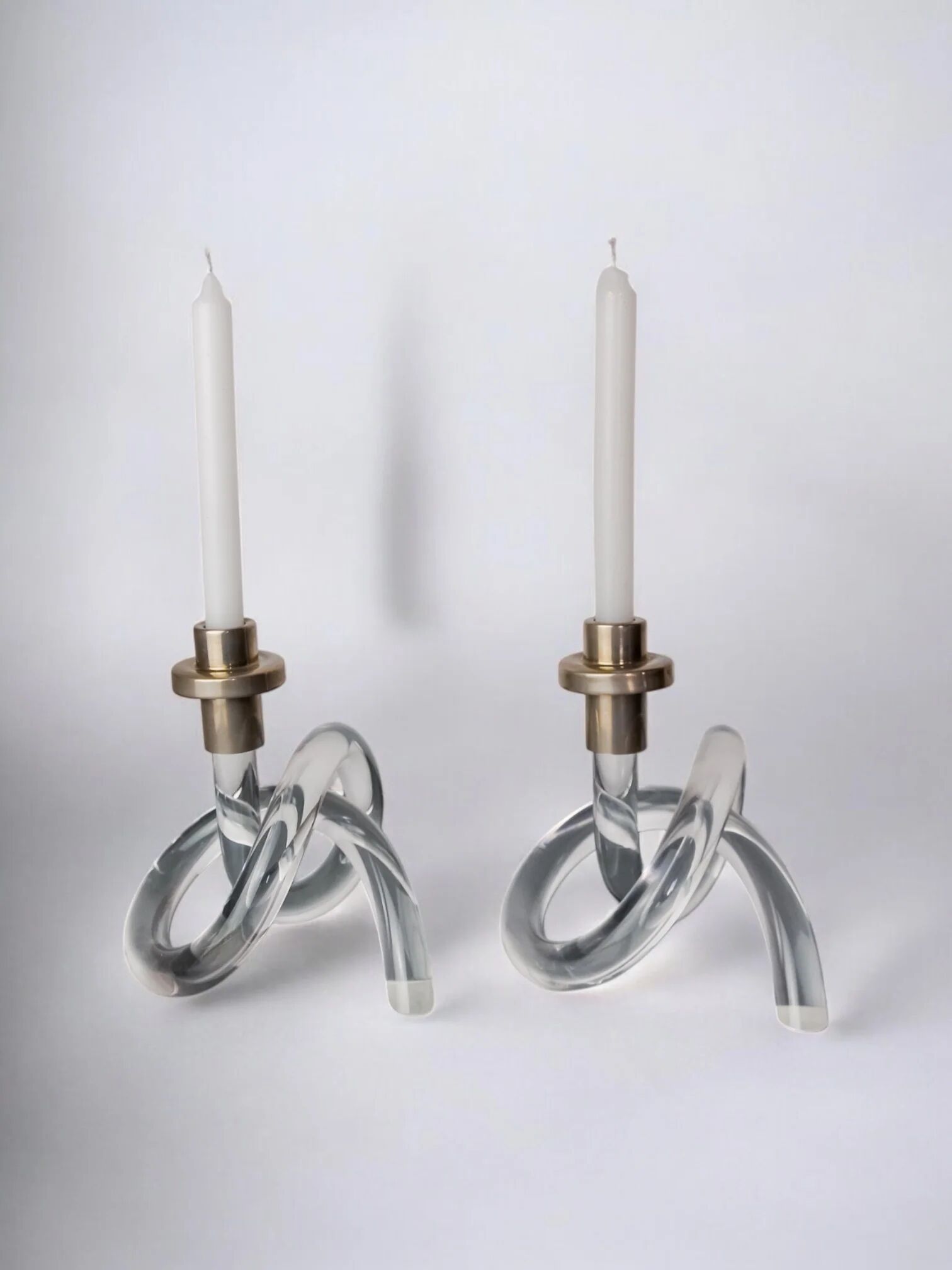 Pair of pretzel candlesticks by Dorothy Thorpe, Lucite and gilt brass, 1970s