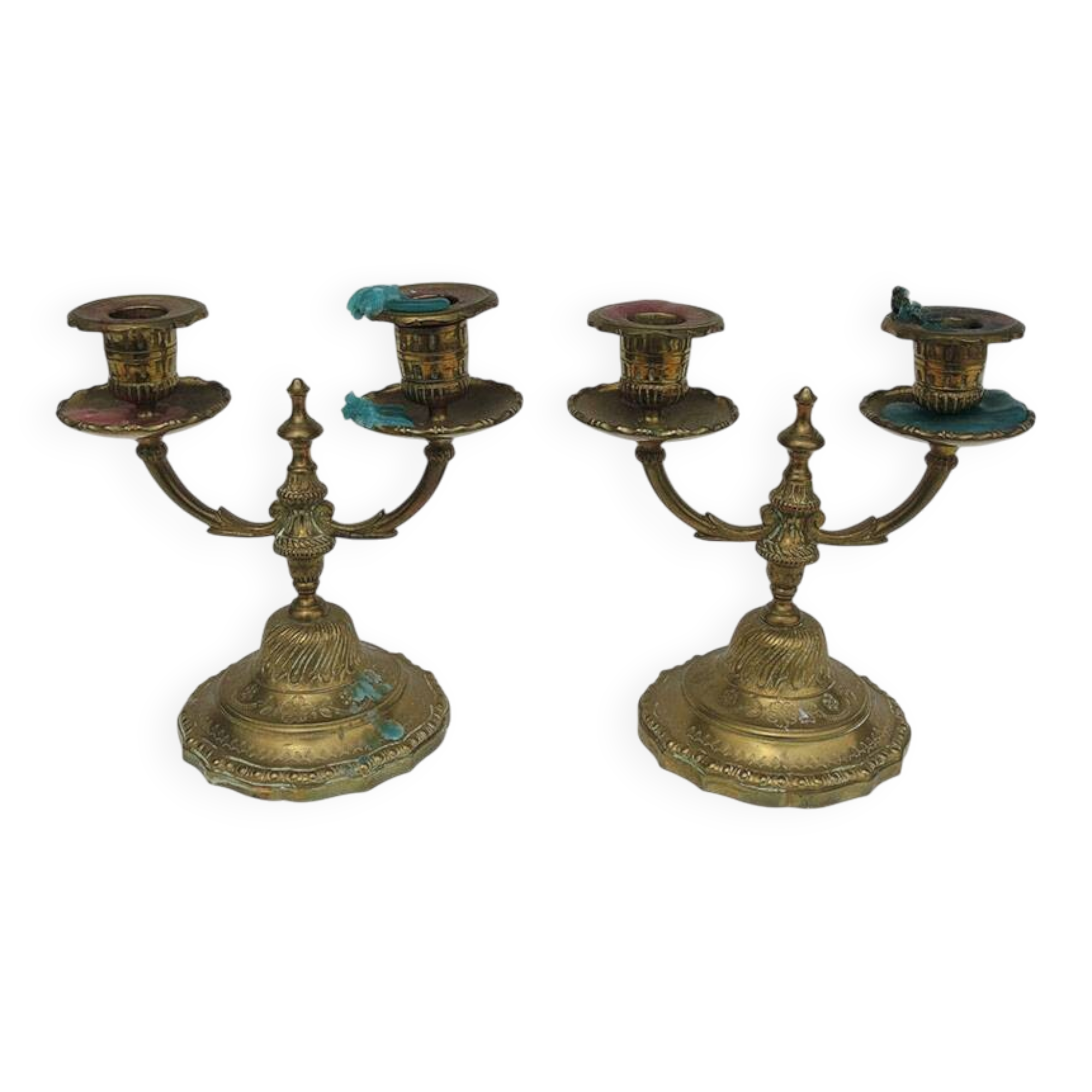 2 antique two-branch candelabras in Louis XVI style made of brass.