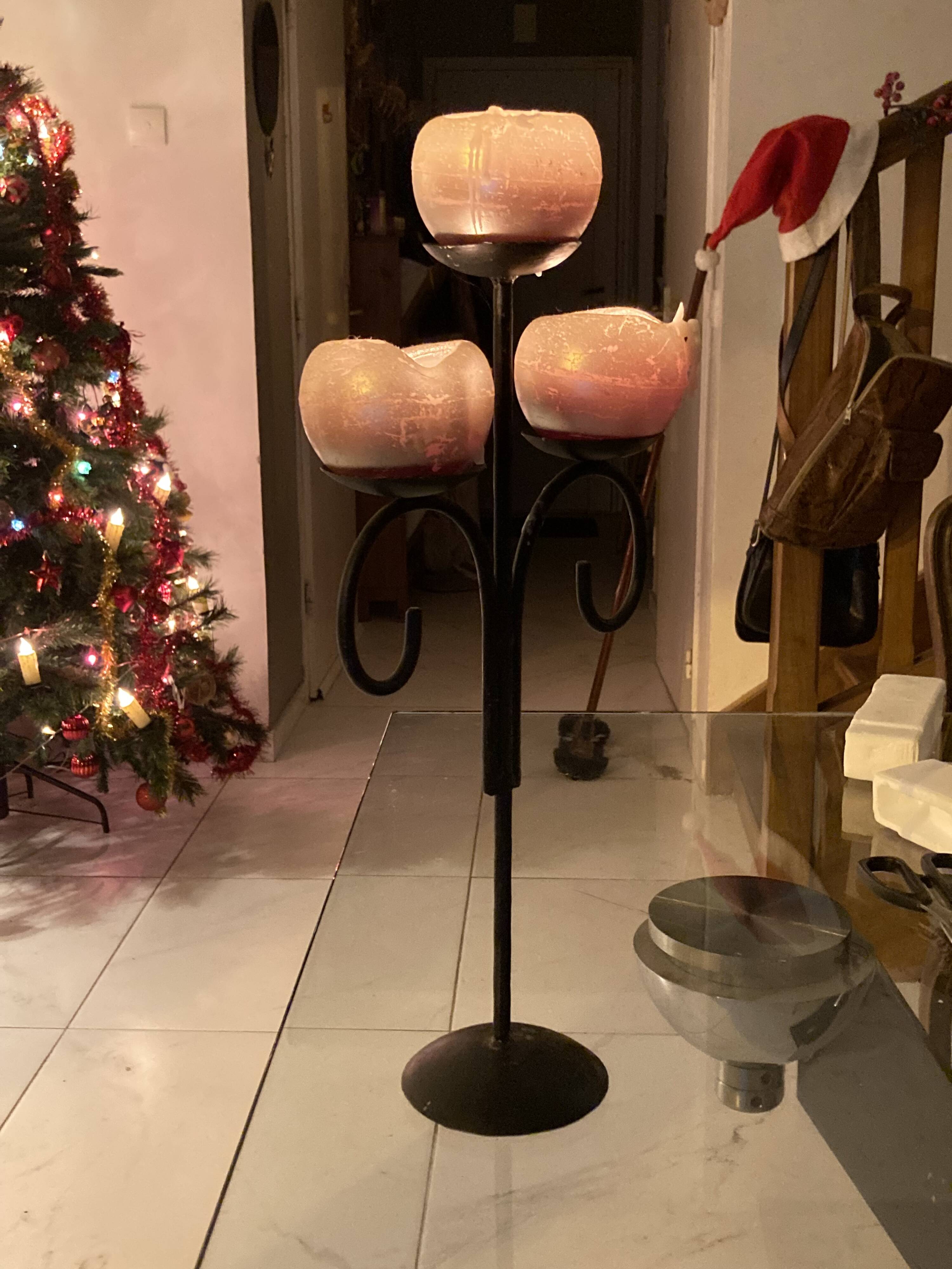 3-candle candlestick holders in black cast iron, renaissance style reproduction
