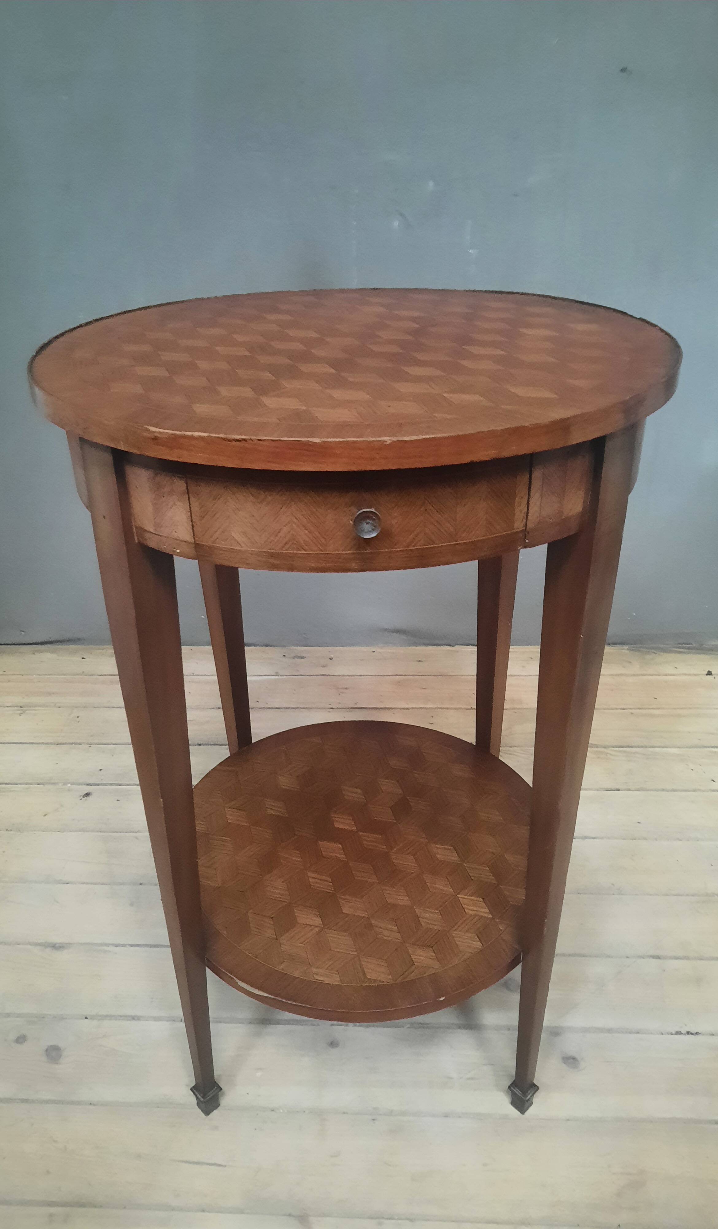 Round marquetry pedestal table with 2 shelves