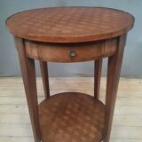 Round marquetry pedestal table with 2 shelves