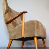 Norwegian sheepskin wing armchair with ottoman 1950