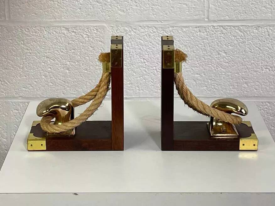 Pair of antique wooden and brass bookends