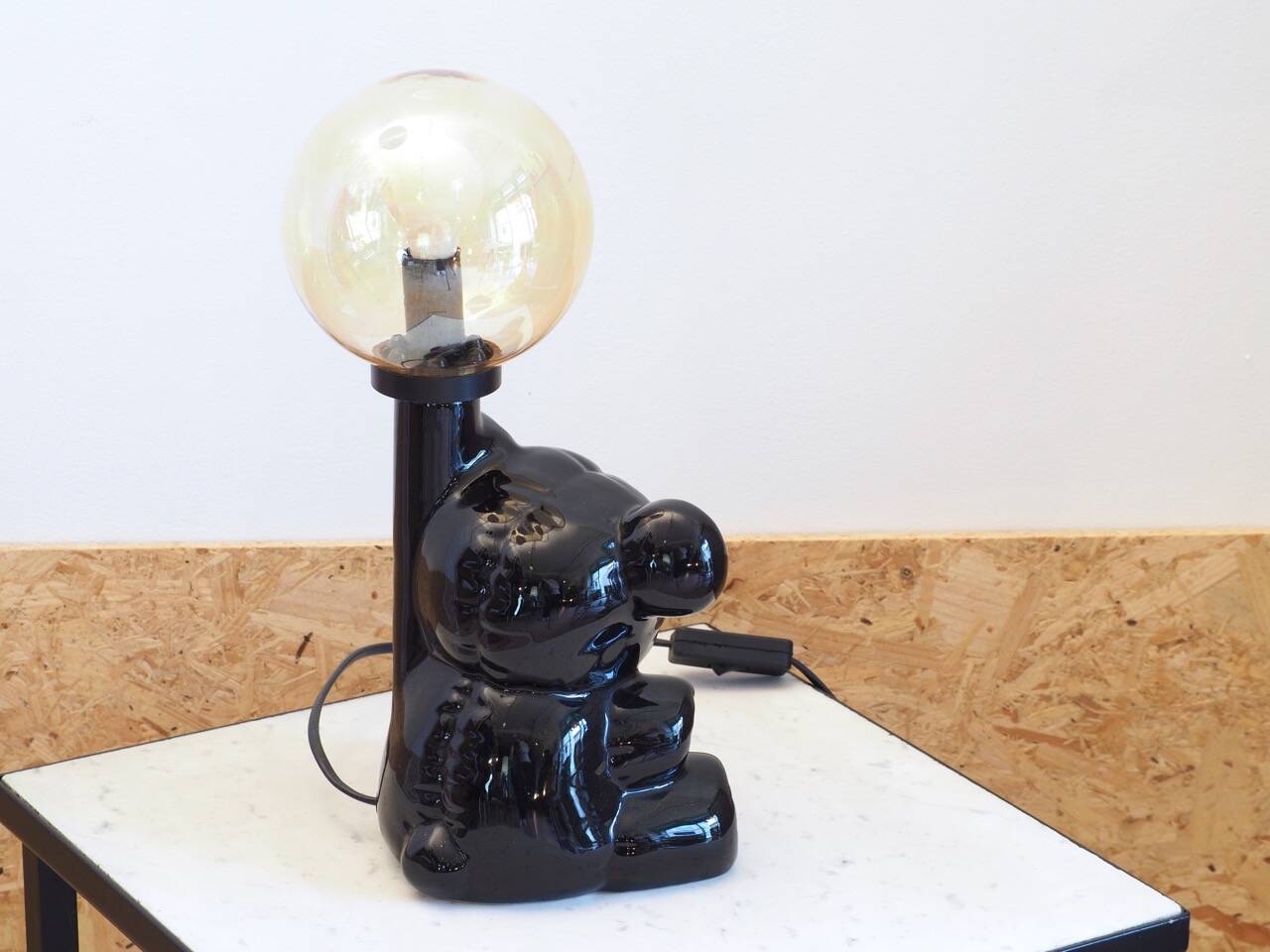 Ceramic bear lamp with vintage amber globe
