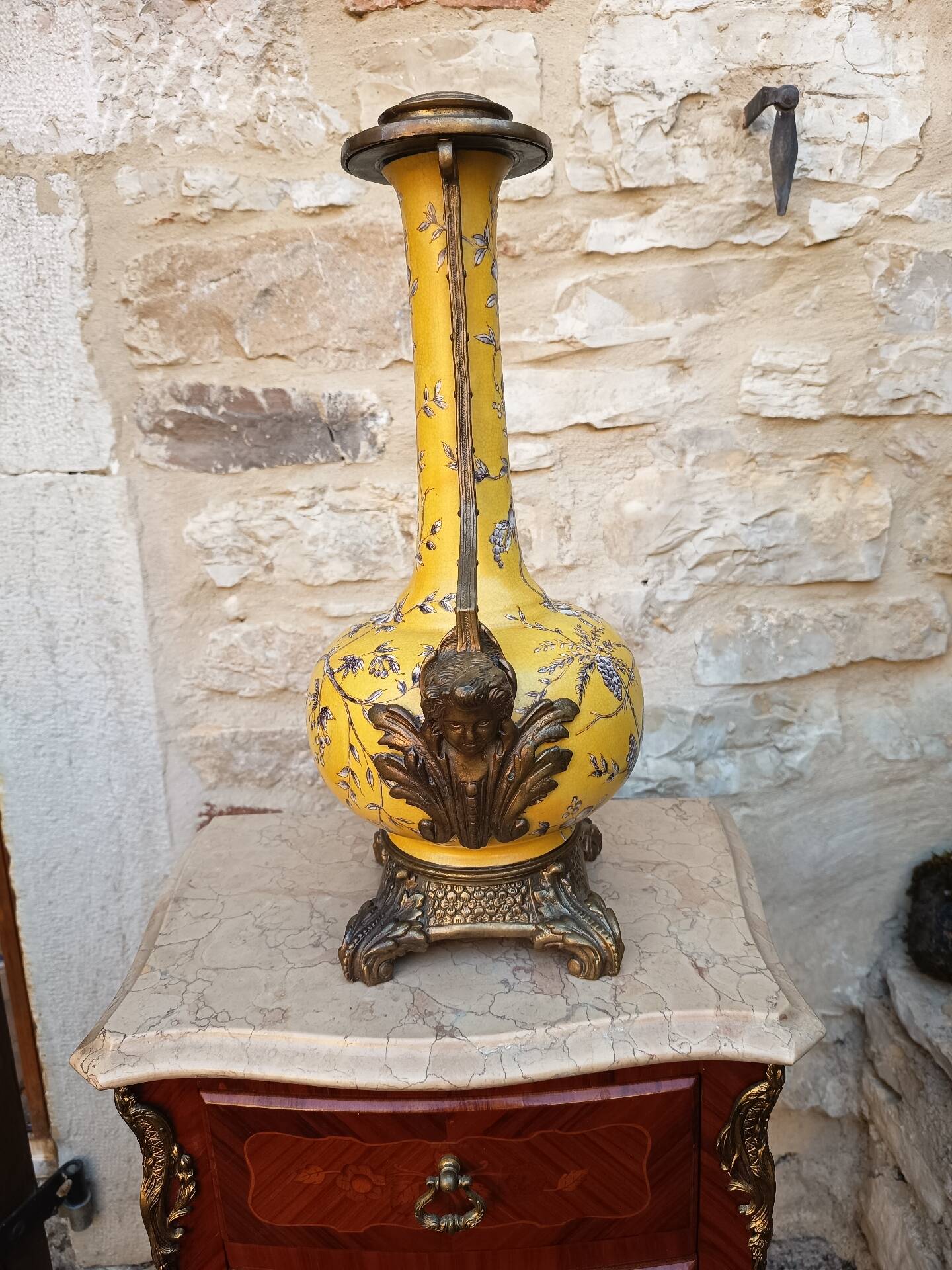 Large lamp base - 43 cm - yellow earthenware with polychrome glazes - 20th century