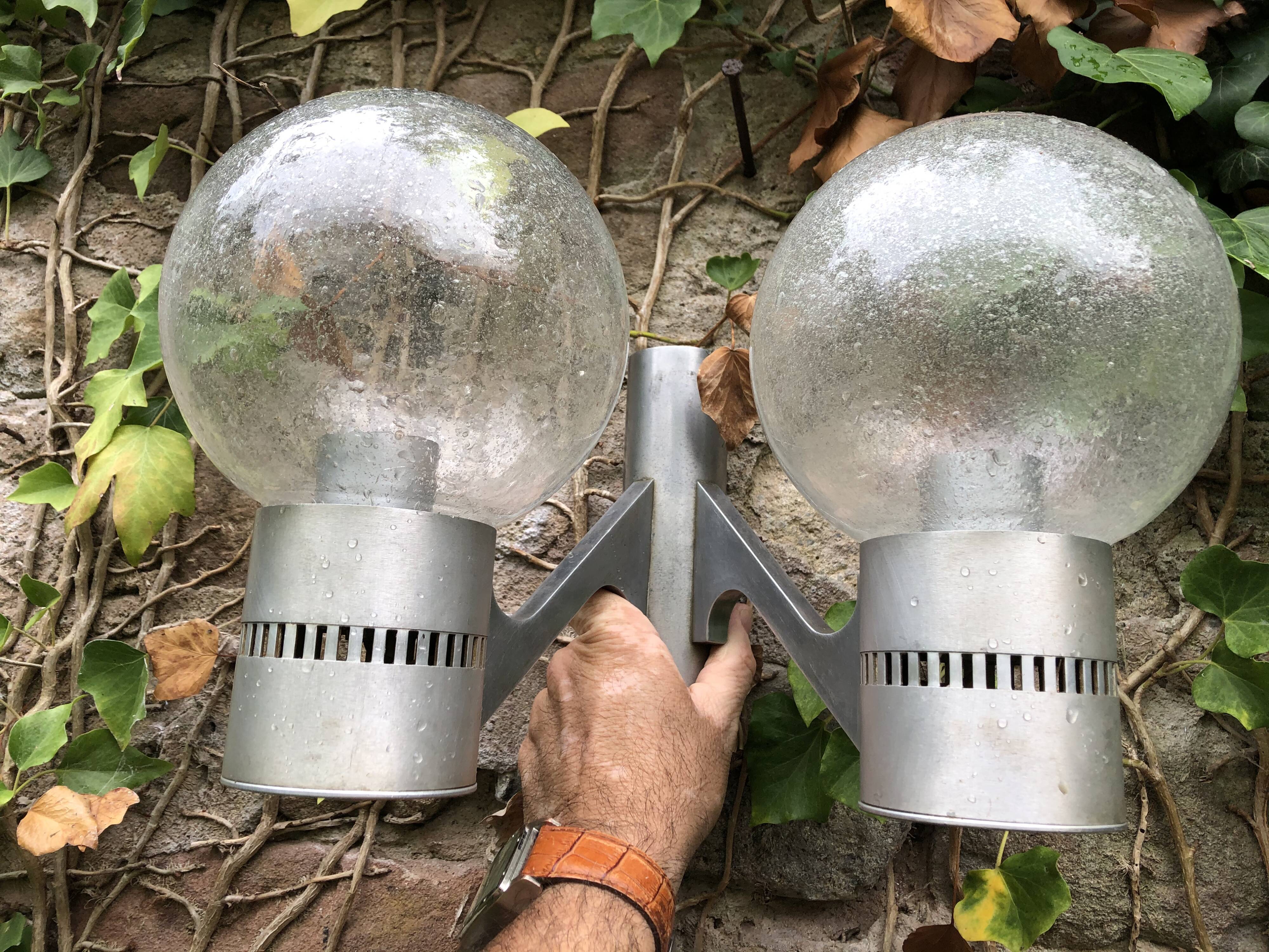 Paire double appliques murales 1970 alu brosse et verre soufflé