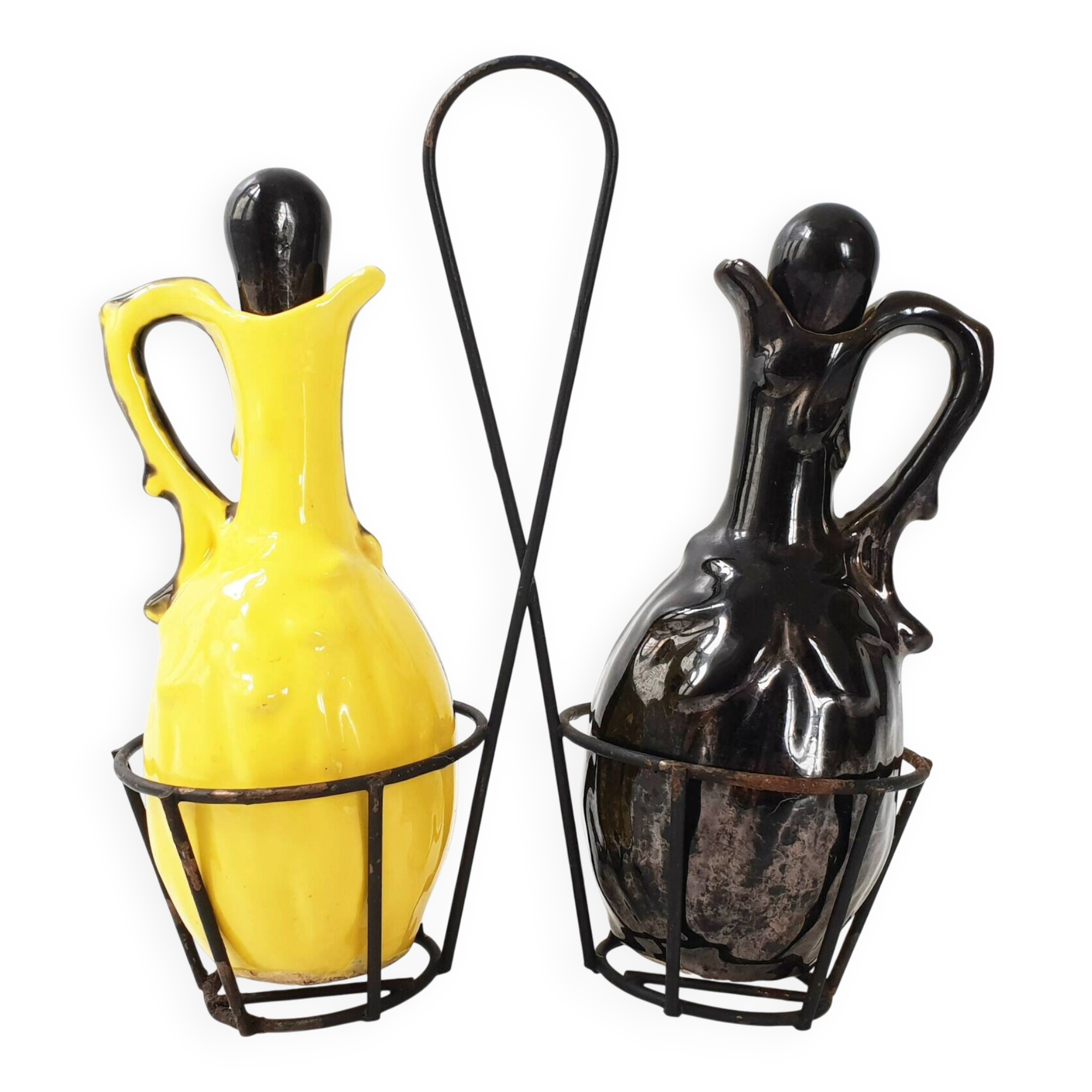 Huilier vinaigrier vintage ceramique jaune & noire 1950 50s 1950s rockabill
