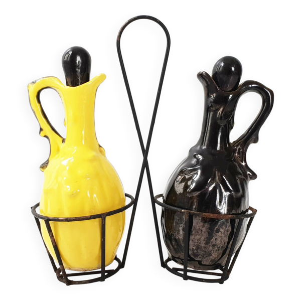 Huilier vinaigrier vintage ceramique jaune & noire 1950 50s 1950s rockabill