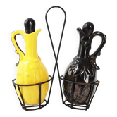 OIL AND VINEGAR SET VINTAGE YELLOW & BLACK CERAMIC 1950s ROCKABILLY