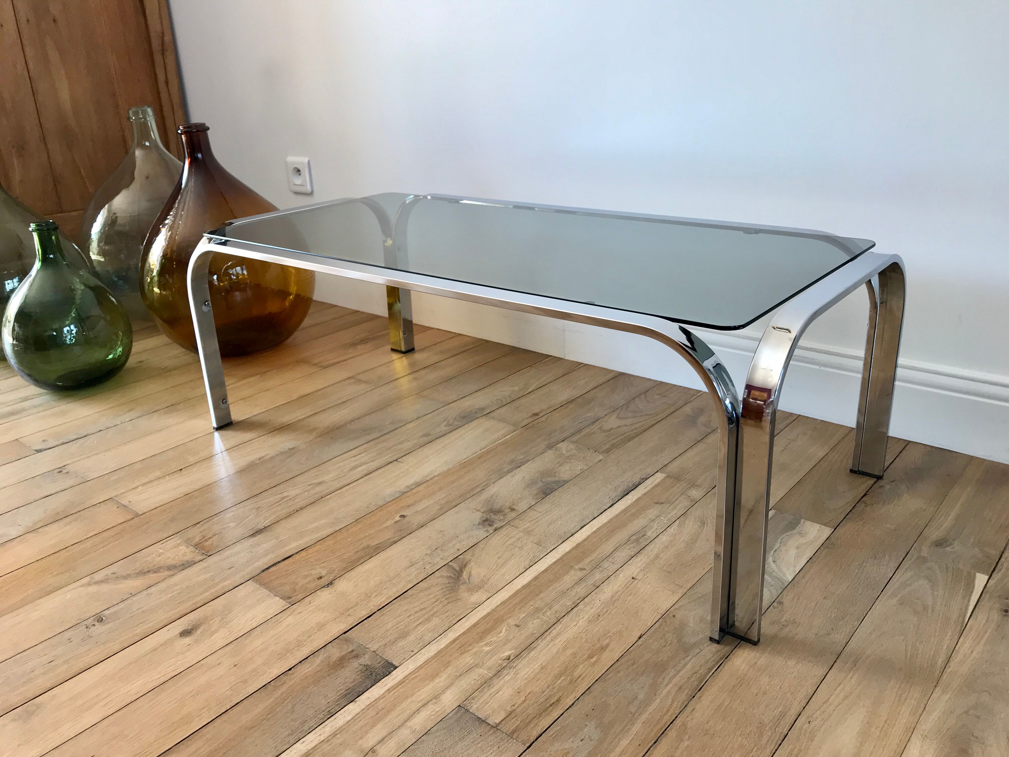 Coffee table in smoked glass and chrome 70s