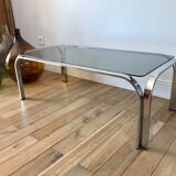 Coffee table in smoked glass and chrome 70s