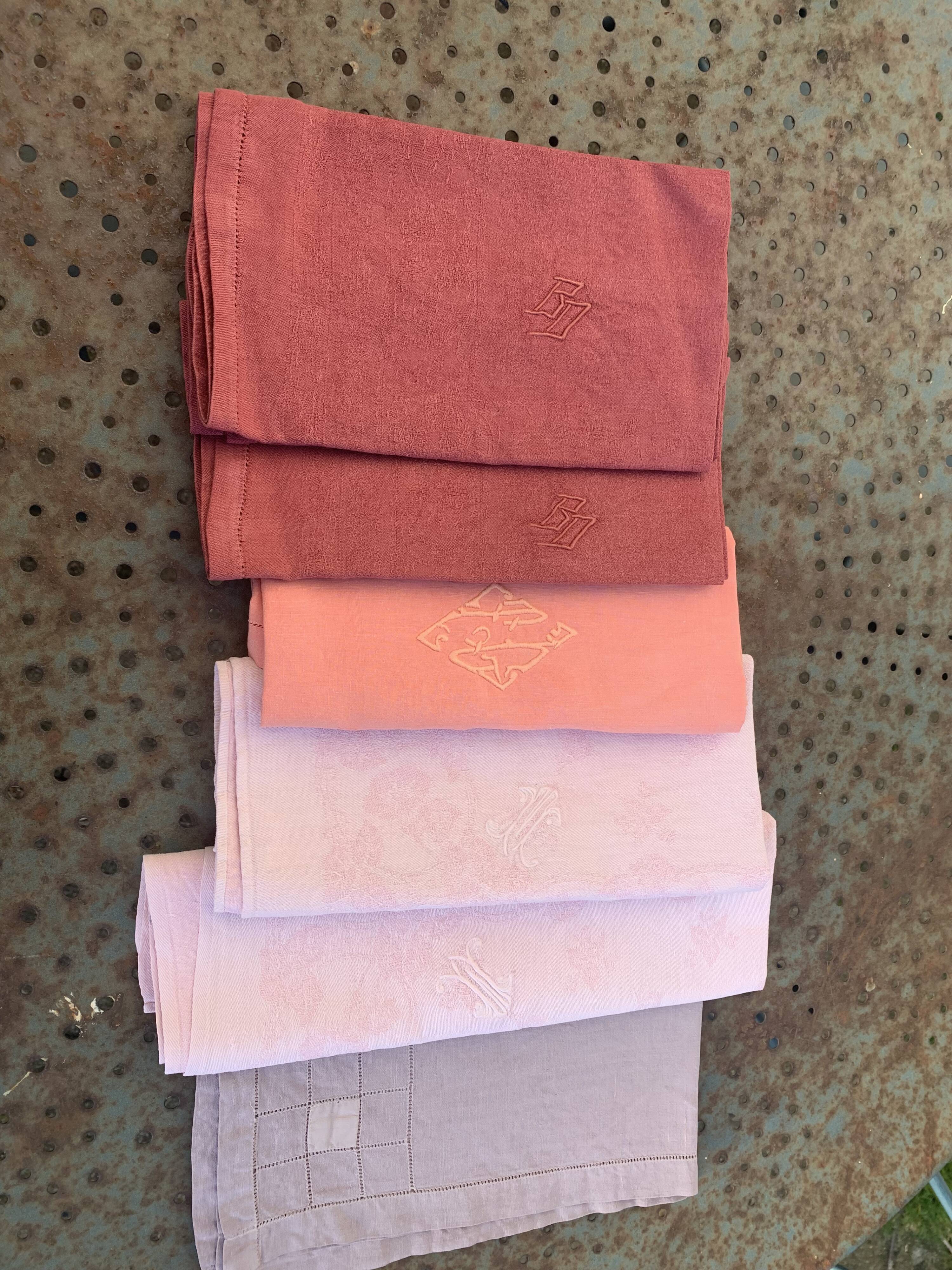 6 large dyed cotton napkins, shades of pink, embroidered and monograms, old, linen