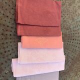 6 large dyed cotton napkins, shades of pink, embroidered and monograms, old, linen