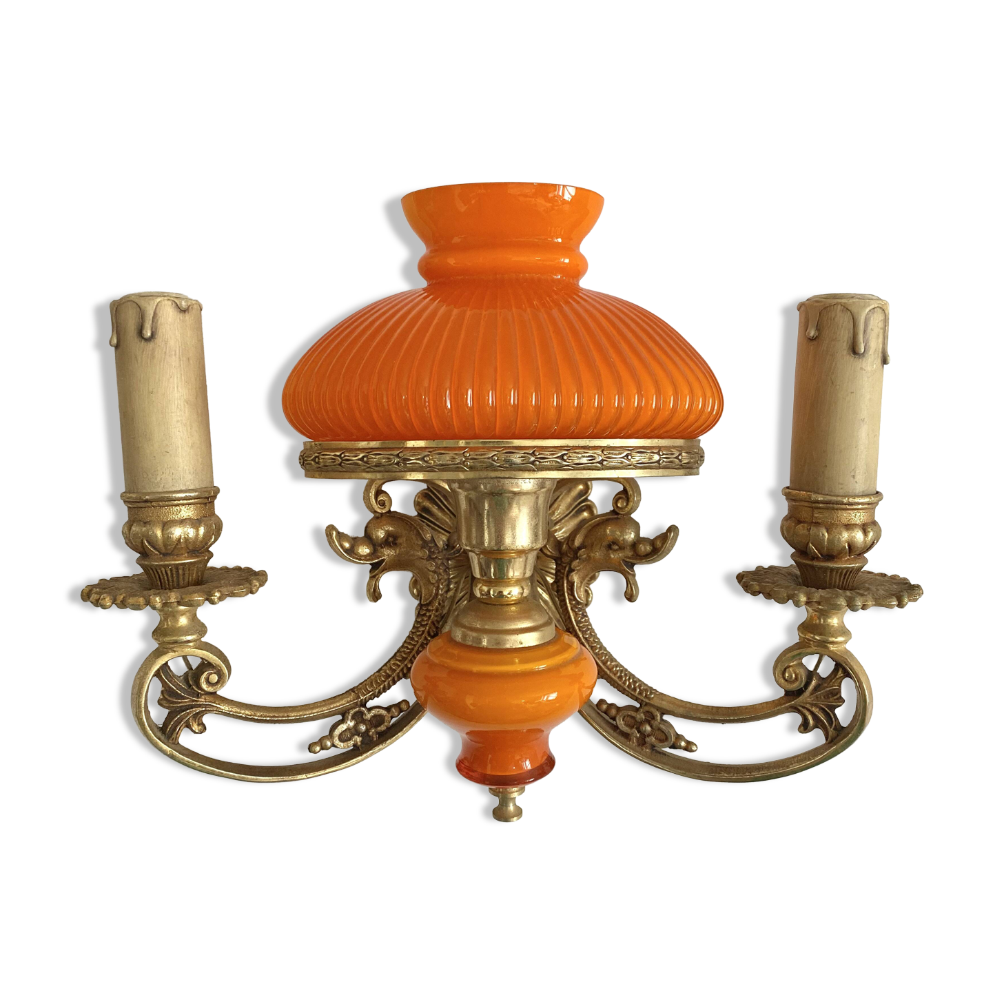 Double wall light in brass and orange opaline, 1960s.