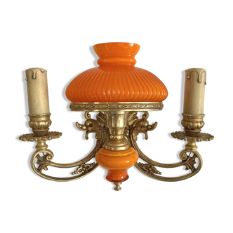 Double wall light in brass and orange opaline, 1960s.