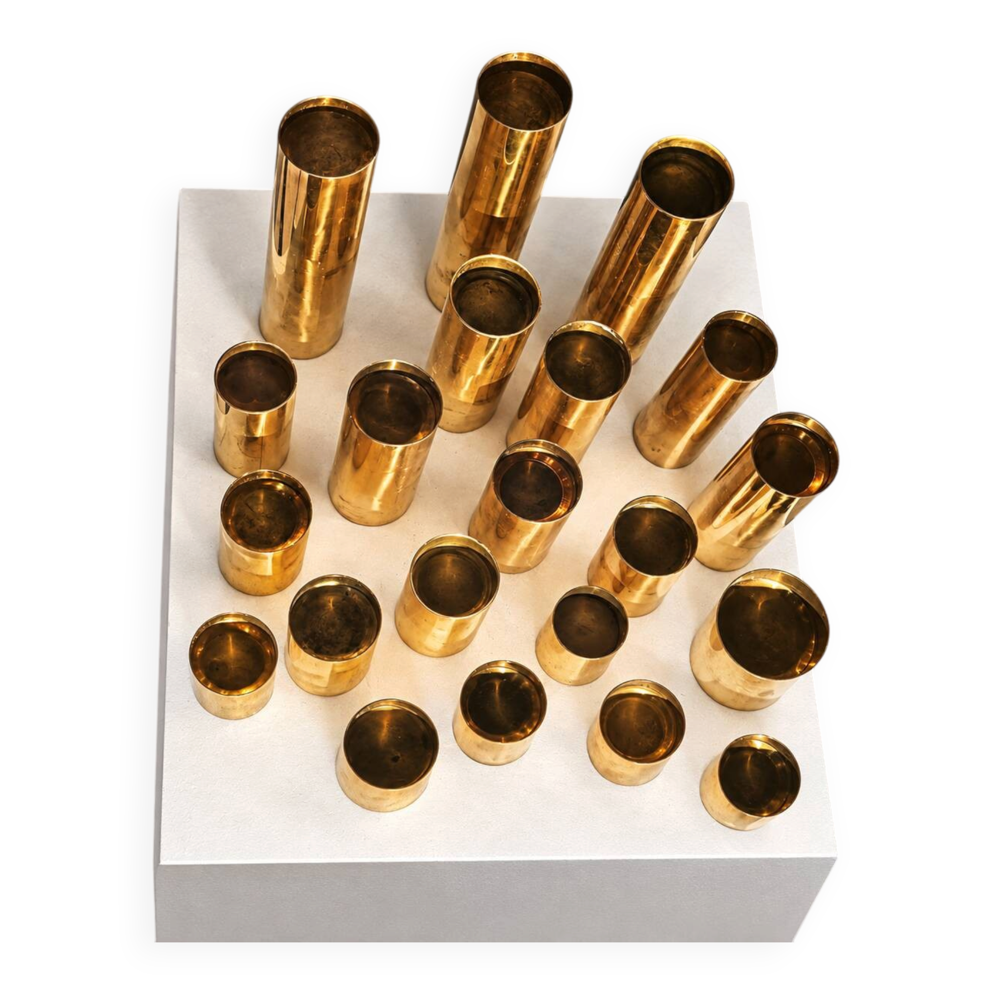 Collection of 21 modular brass candle holders — Colseth, Norway, circa 1960–70