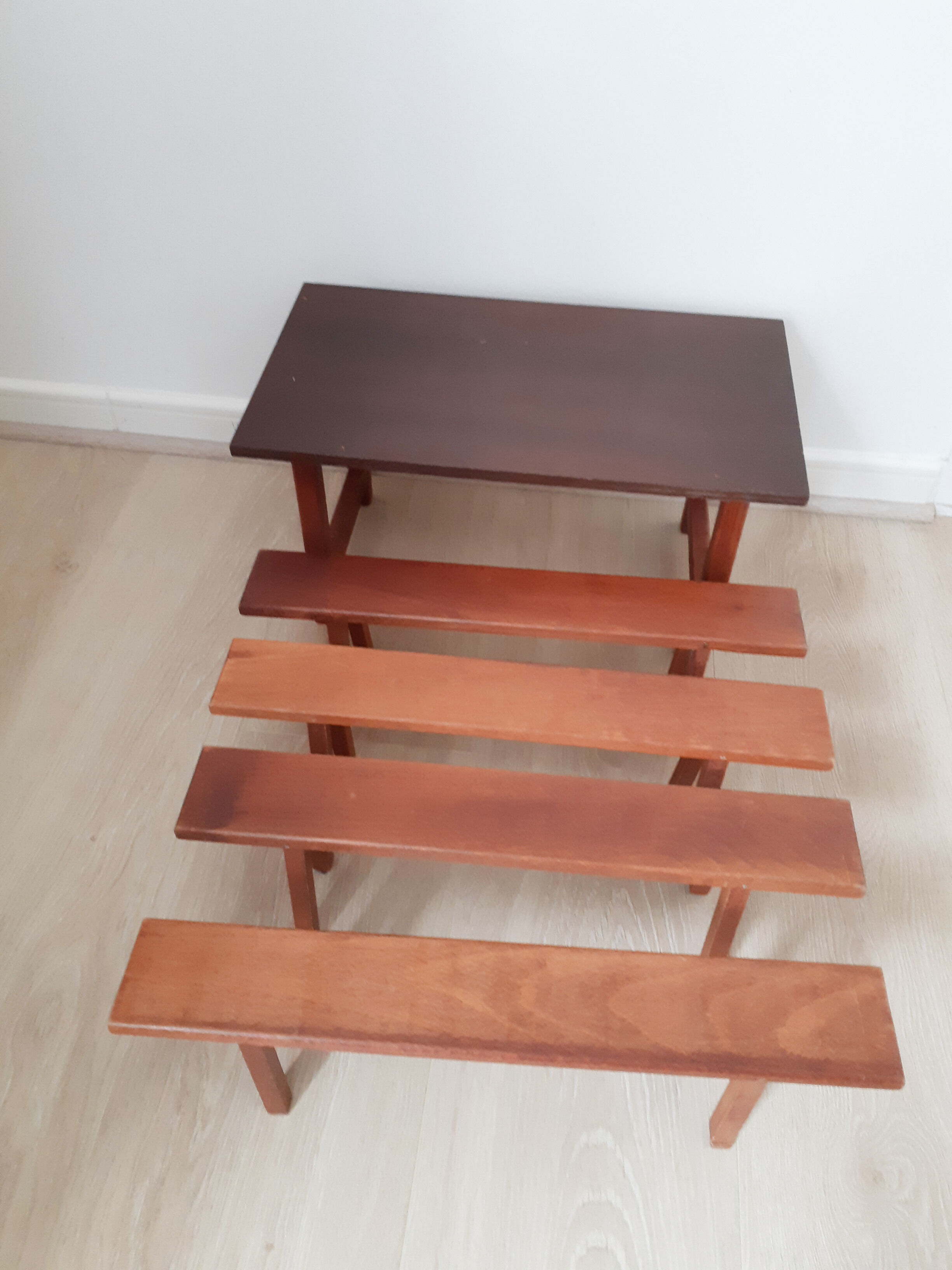 Vintage doll table and chairs, wooden, living room Dejou doll