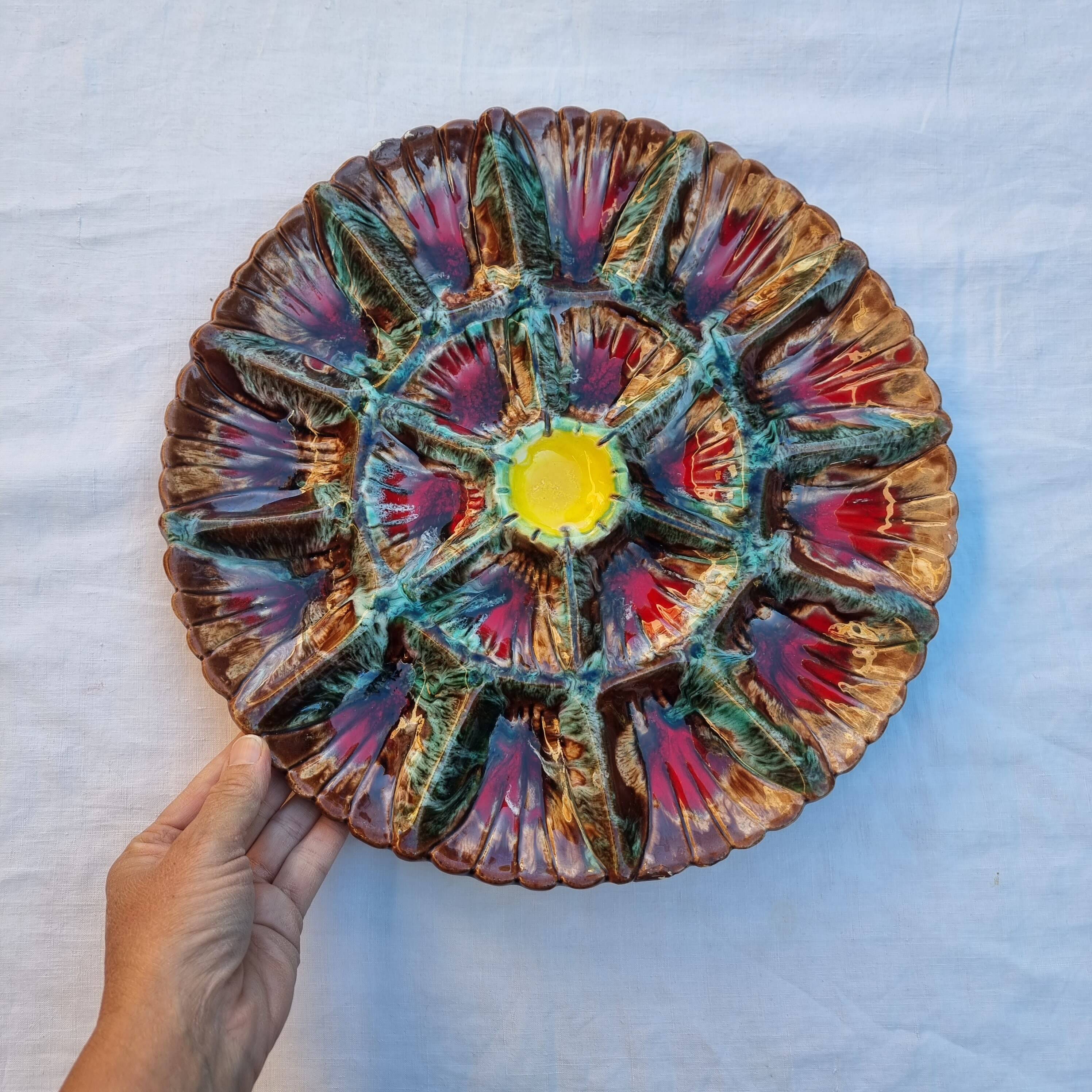 Handmade painted and glazed Barbotina ceramic oyster dish from Vallauris France ann