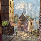 Painting by louis burnett, animated scene in paris, vintage 1950