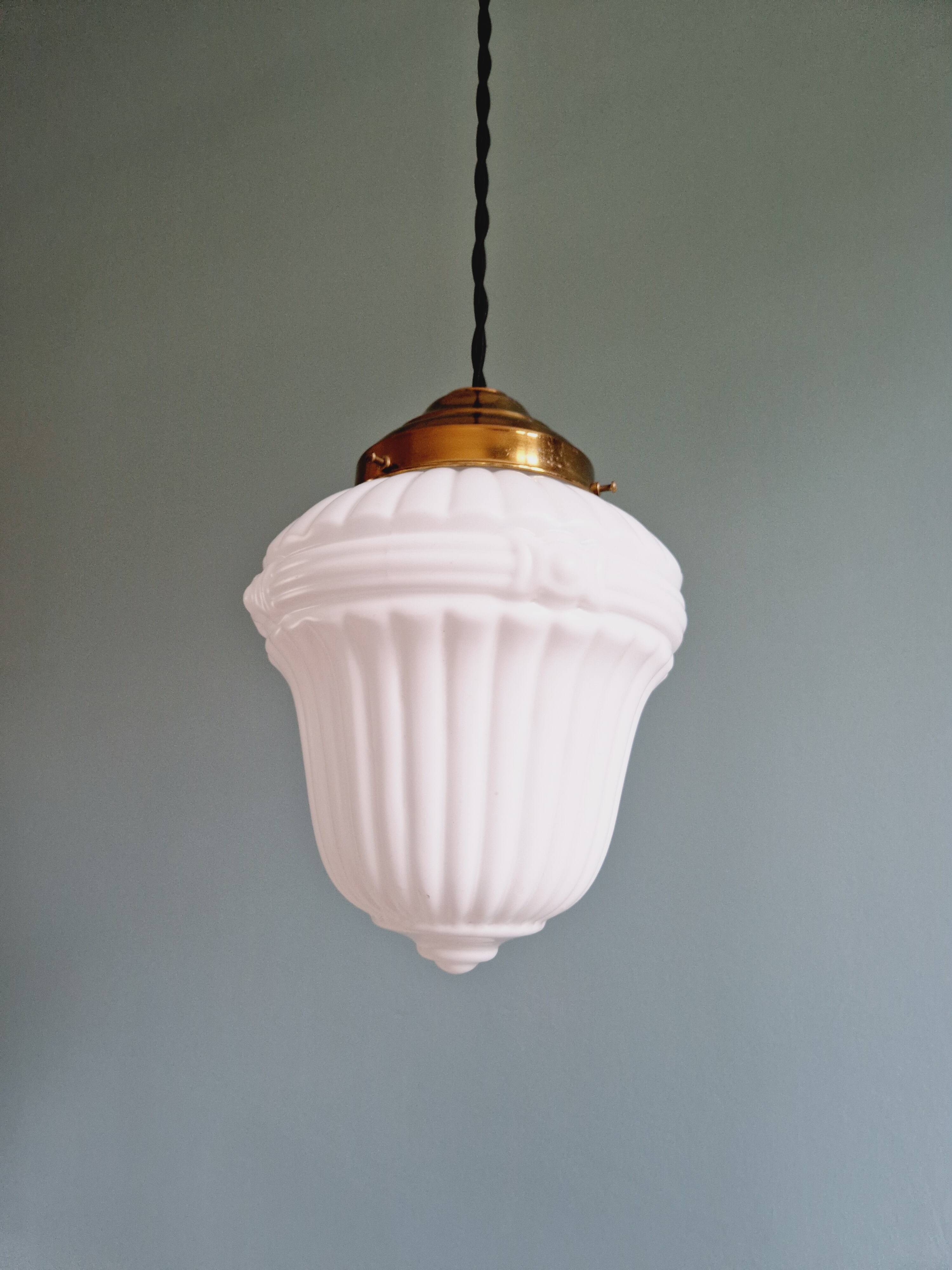 Art Deco pendant light in white opaline glass, 1920s-30s