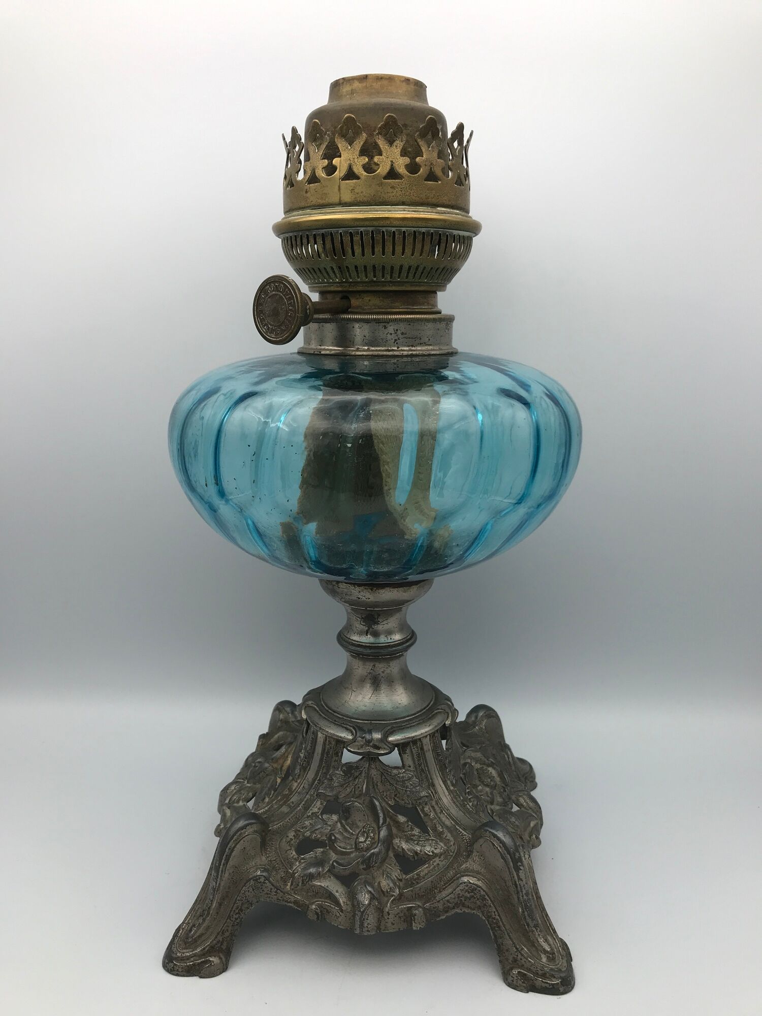 Regulated kerosene lamp foot baroque style blue glass bowl